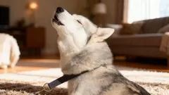 Husky vyjící v obýváku na koberci, sluneční světlo v místnosti